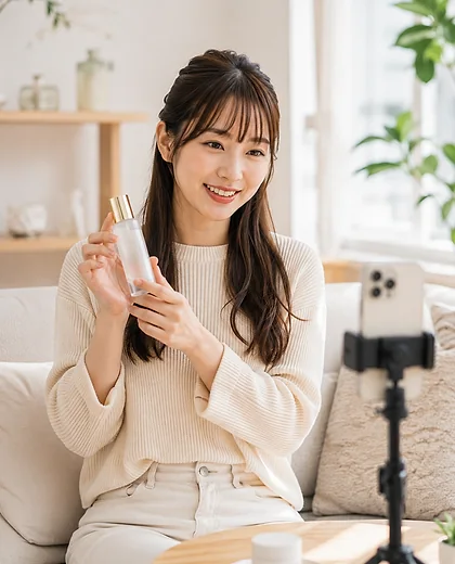 自宅でスキンケア商品をスマートフォンに向けて紹介する日本のクリエイター