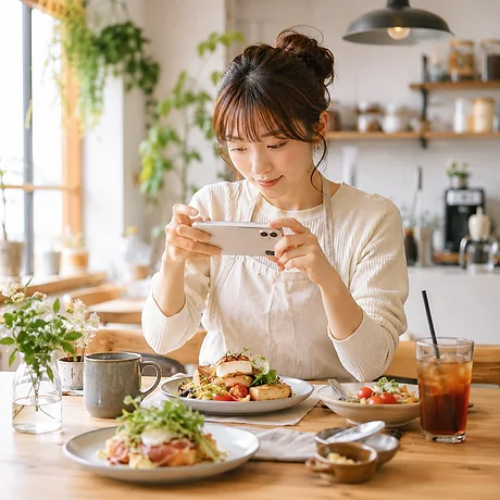 東京の飲食店で料理を撮影する日本のフードクリエイター