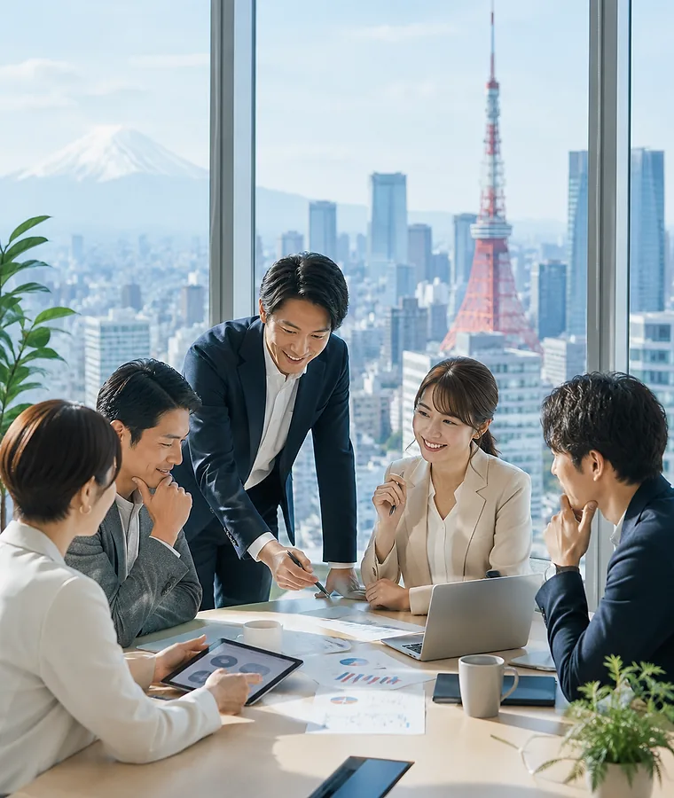 東京のオフィスで打ち合わせをするマーケティングチーム